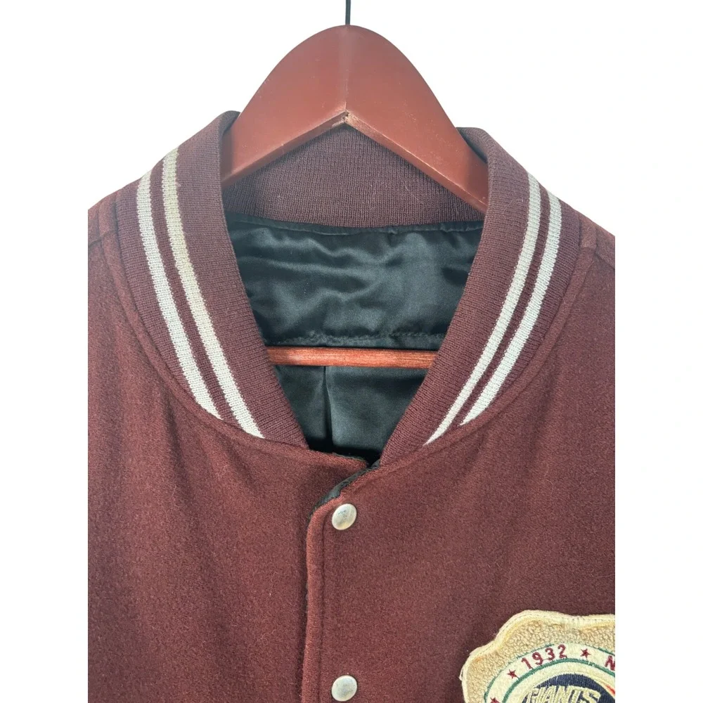 Vintage Style Wool Varsity Jacket New York Giants Patch Burgundy Snap Bomber - Picture 5 of 12